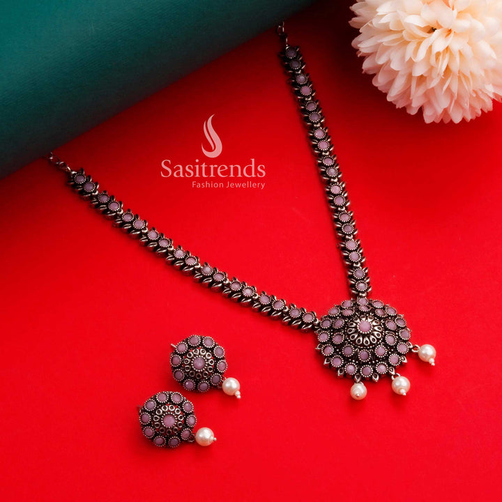 Navarathiri splendid oxidised silver pink floral stone necklace and earrings set with classic pearl hangings, designed for festive glamour and joy – Sasitrends