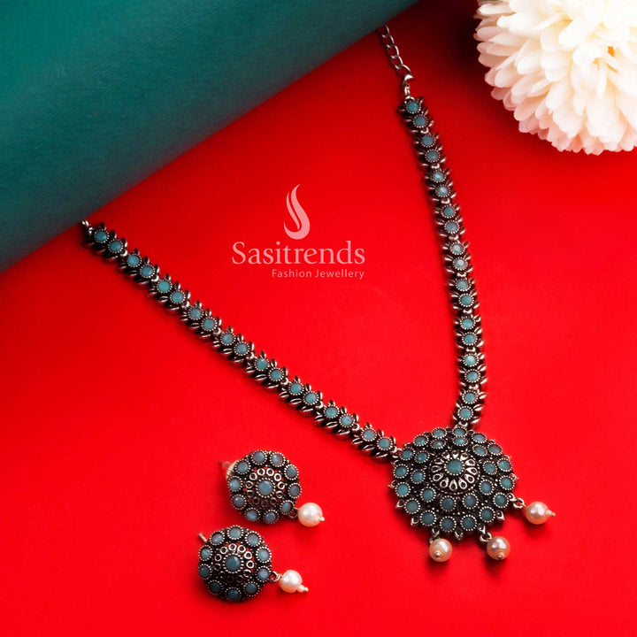 Soothing mint green floral oxidised silver necklace jewellery set with pearl earrings, ideal for serene and stylish Navarathiri celebrations – Sasitrends