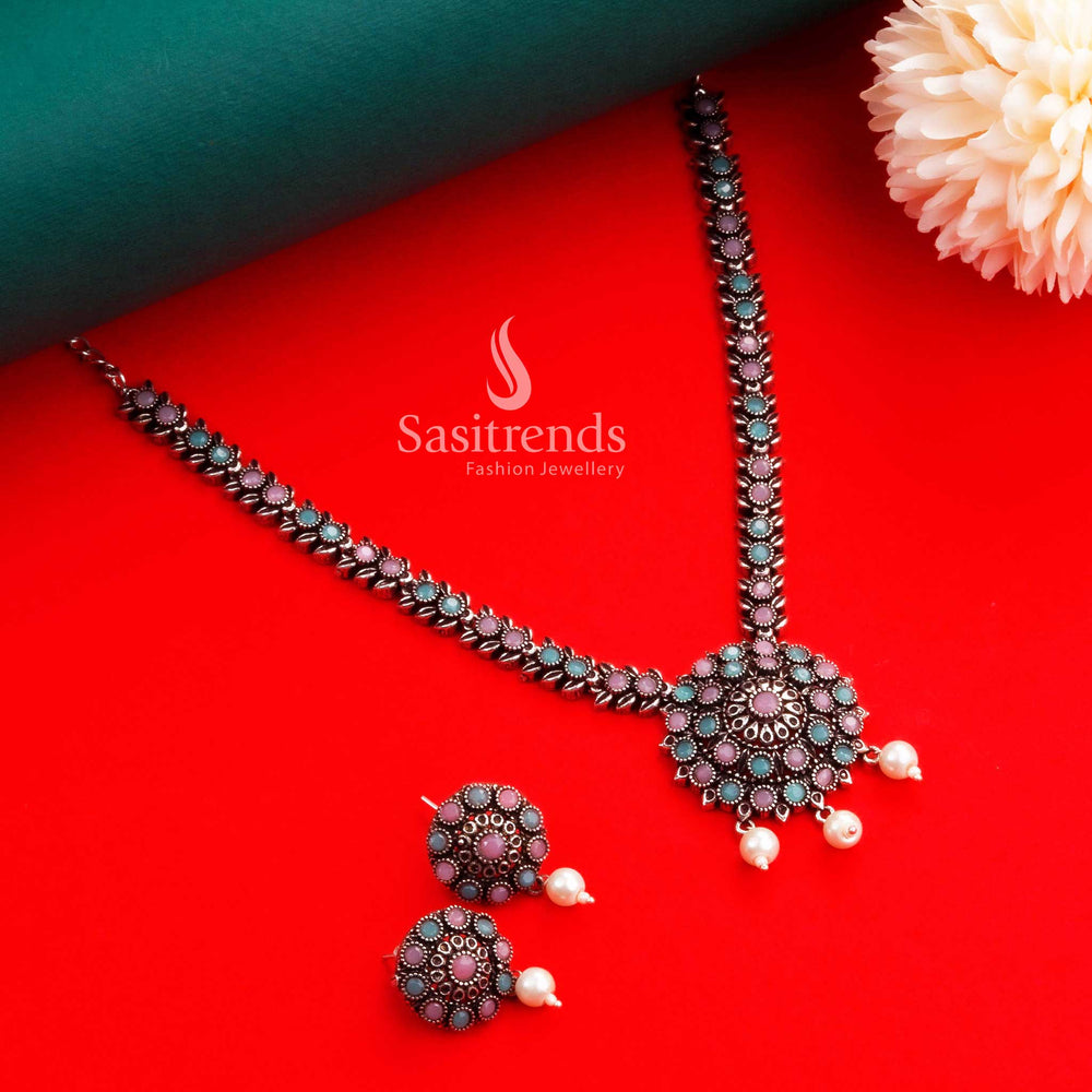 Elegant blend of mint and pink stone floral necklace jewellery set in oxidised silver, perfect for a chic yet traditional Navarathiri festival style – Sasitrends