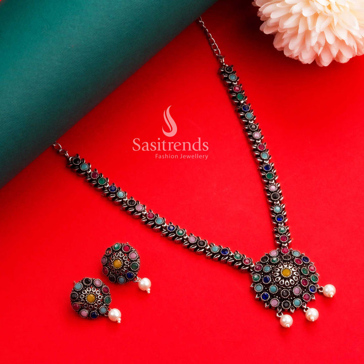 Festive multi-hued oxidised silver necklace and earrings jewellery set with floral design and traditional pearl detailing, made for Navarathiri splendour – Sasitrends