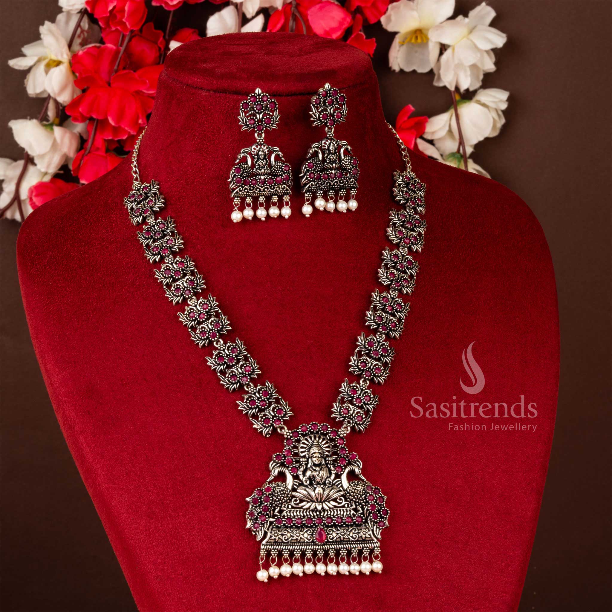 Regal Lakshmi and peacock ruby oxidised stone jewellery set with traditional pearl drops, perfect for festive grandeur and cultural elegance – Sasitrends
