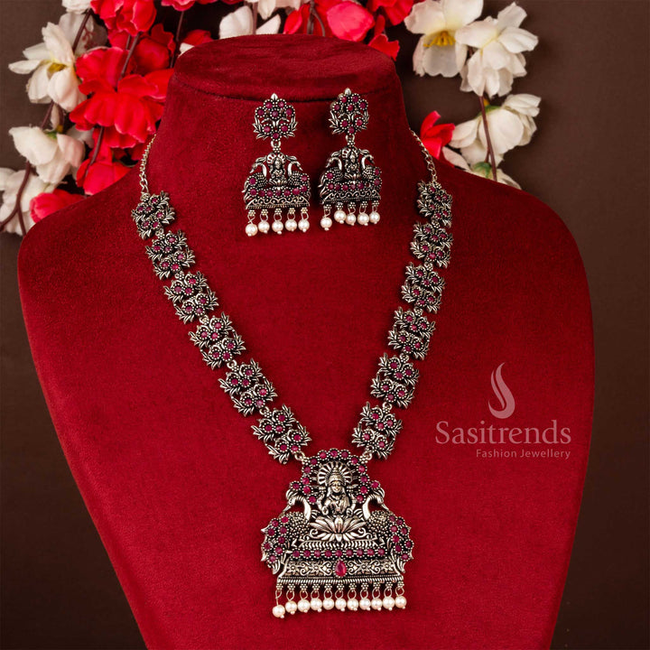 Regal Lakshmi and peacock ruby oxidised stone jewellery set with traditional pearl drops, perfect for festive grandeur and cultural elegance – Sasitrends