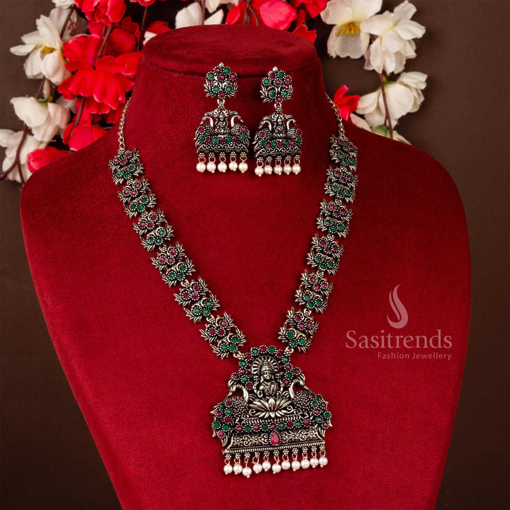 Festive glory Lakshmi and peacock ruby-green floral design oxidised stone jewellery set with elegant pearl accents, made for Navarathiri and traditional beauty – Sasitrends