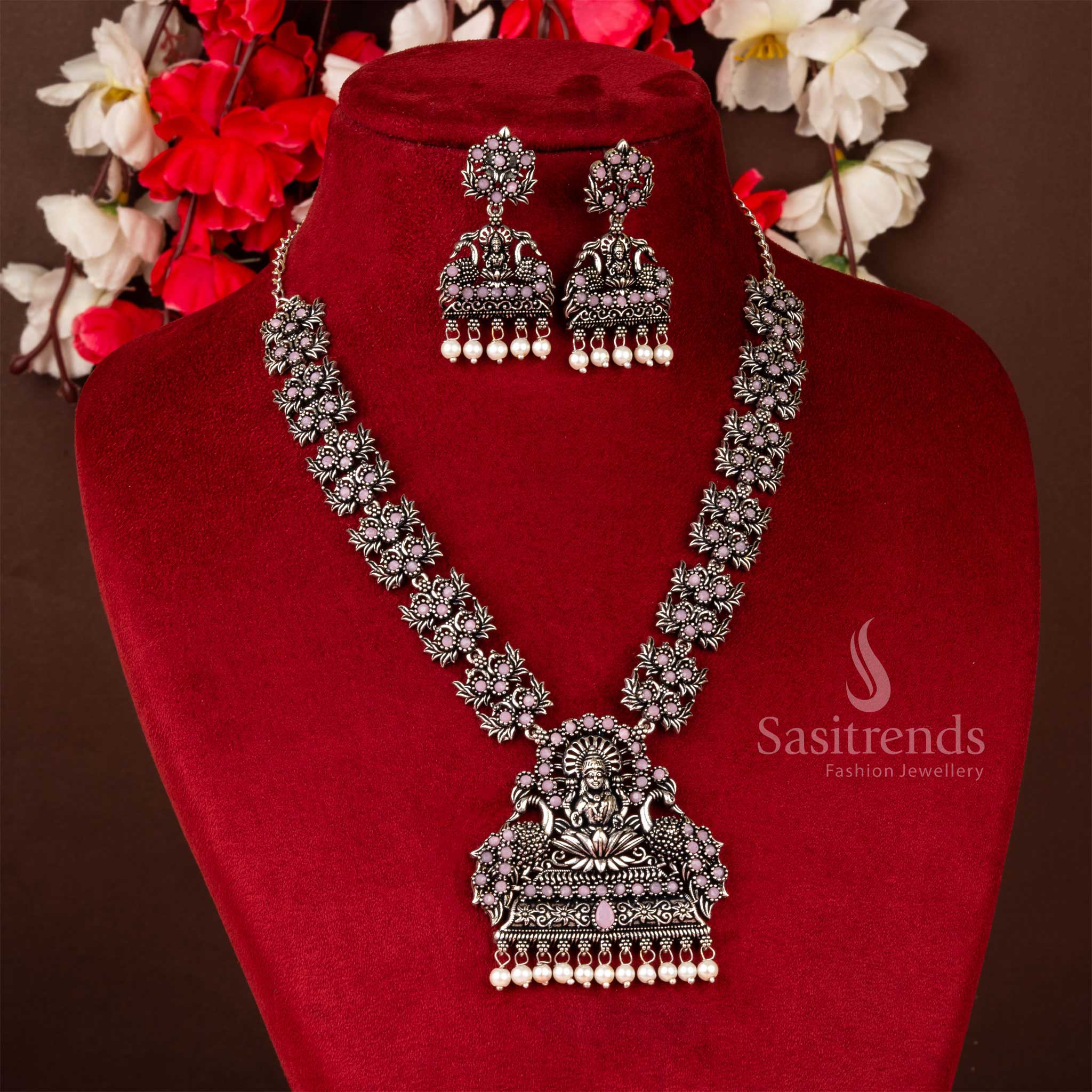 Ethnic floral charm Lakshmi and peacock oxidised necklace jewellery set in pink stones with pearl hangings, designed for soft and graceful festive style – Sasitrends