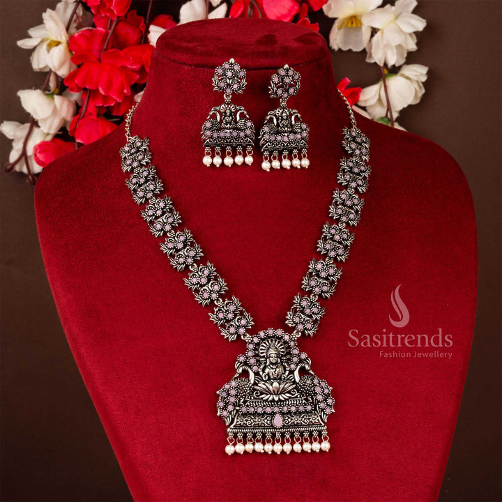 Ethnic floral charm Lakshmi and peacock oxidised necklace jewellery set in pink stones with pearl hangings, designed for soft and graceful festive style – Sasitrends