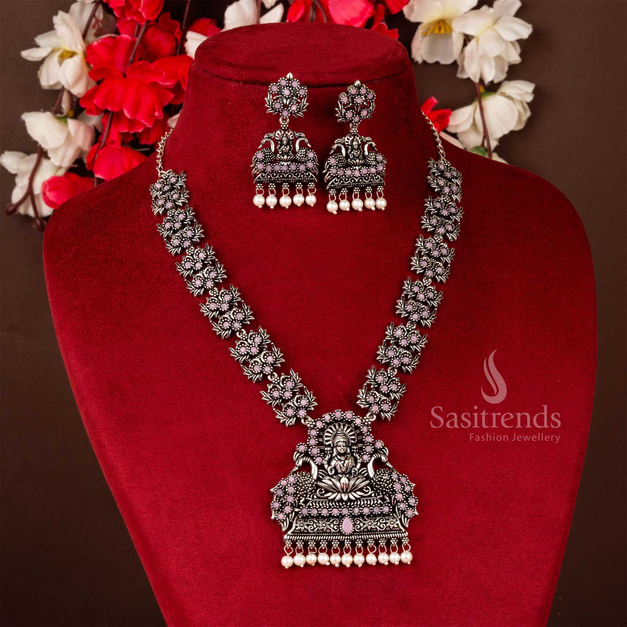 Devotional beauty pink oxidised stone Lakshmi and peacock necklace earrings set with pearl hints, a celebration-ready look for Navarathiri and beyond – Sasitrends