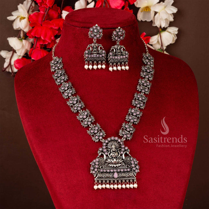 Devotional beauty pink oxidised stone Lakshmi and peacock necklace earrings set with pearl hints, a celebration-ready look for Navarathiri and beyond – Sasitrends