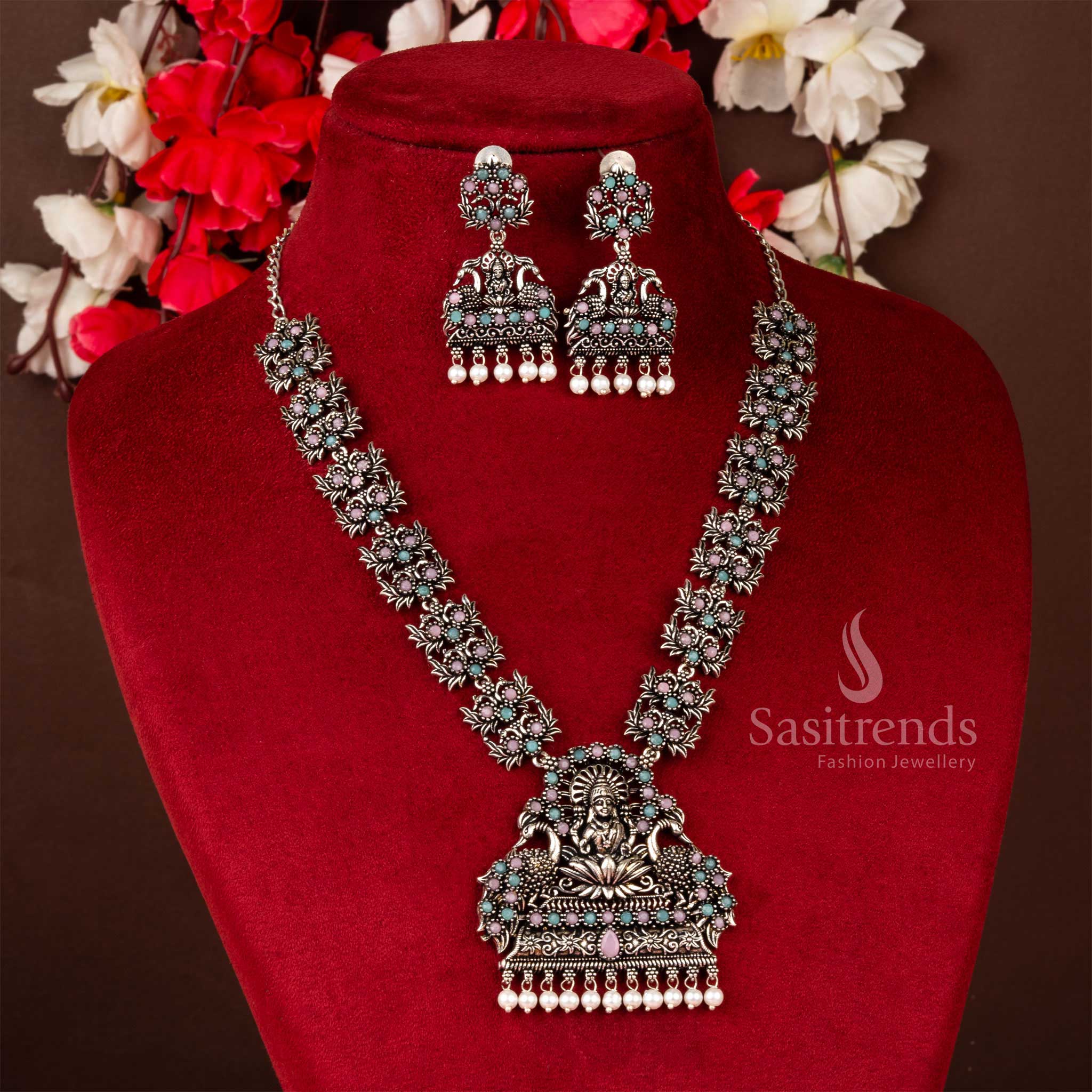 Dual-tone grace pink and mint floral peacock Lakshmi necklace set in oxidised silver with divine pearl trim, a captivating choice for festive glamour – Sasitrends