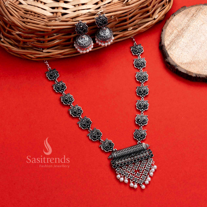 Bold party-style black oxidised silver necklace jewellery set with stone grape bunch pendant and jhumkas, perfect for ethnic evening events and festive glam – Sasitrends