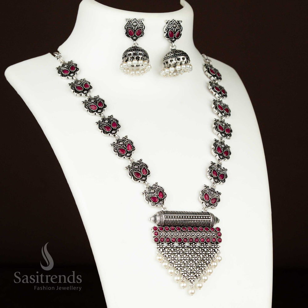Deep ruby grape motif necklace in oxidised silver with detailed jhumkas – a party glamour piece with vintage fusion appeal from sasitrends jewellery collection
