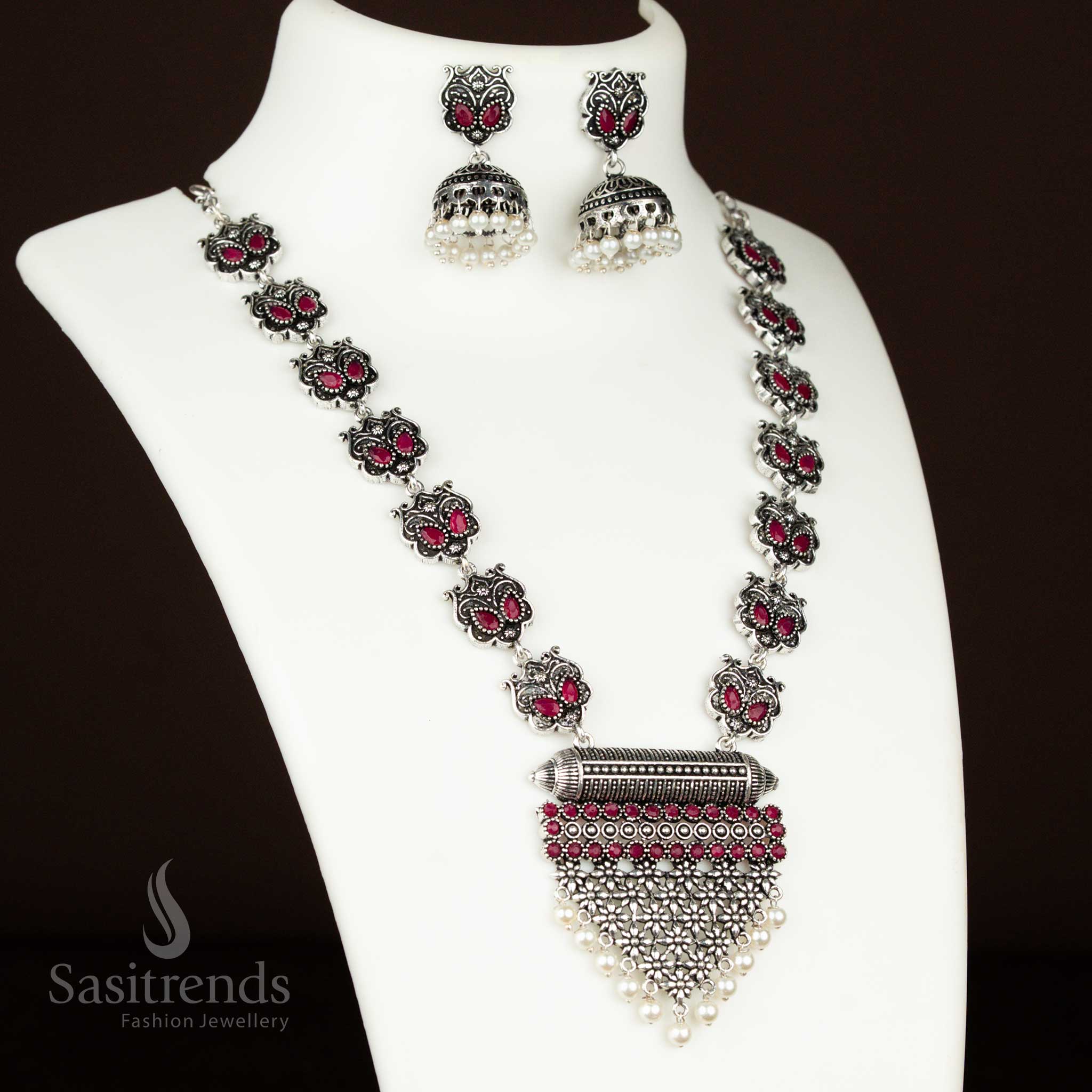 Deep ruby grape motif necklace in oxidised silver with detailed jhumkas – a party glamour piece with vintage fusion appeal from sasitrends jewellery collection