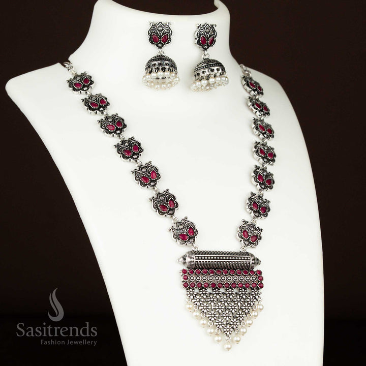 Deep ruby grape motif necklace in oxidised silver with detailed jhumkas – a party glamour piece with vintage fusion appeal from sasitrends jewellery collection