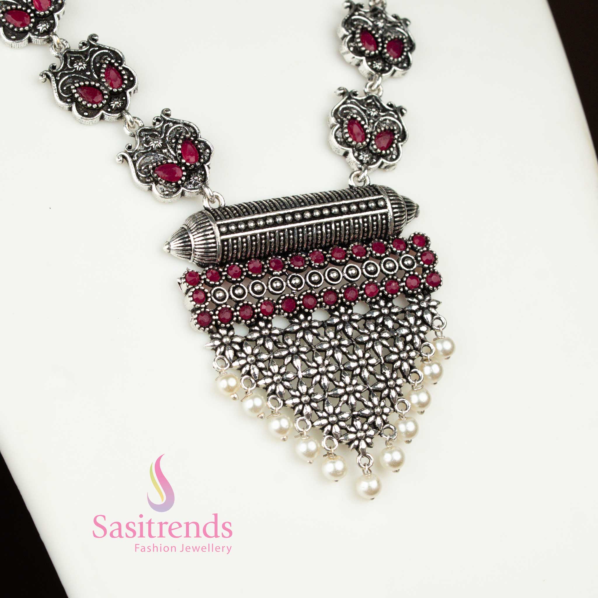 Ruby stone oxidised necklace with grape bunch pendant and bold jhumkas – festive and vibrant jewellery with a traditional touch perfect for parties and cultural events by sasitrends