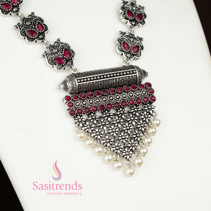 Ruby stone oxidised necklace with grape bunch pendant and bold jhumkas – festive and vibrant jewellery with a traditional touch perfect for parties and cultural events by sasitrends