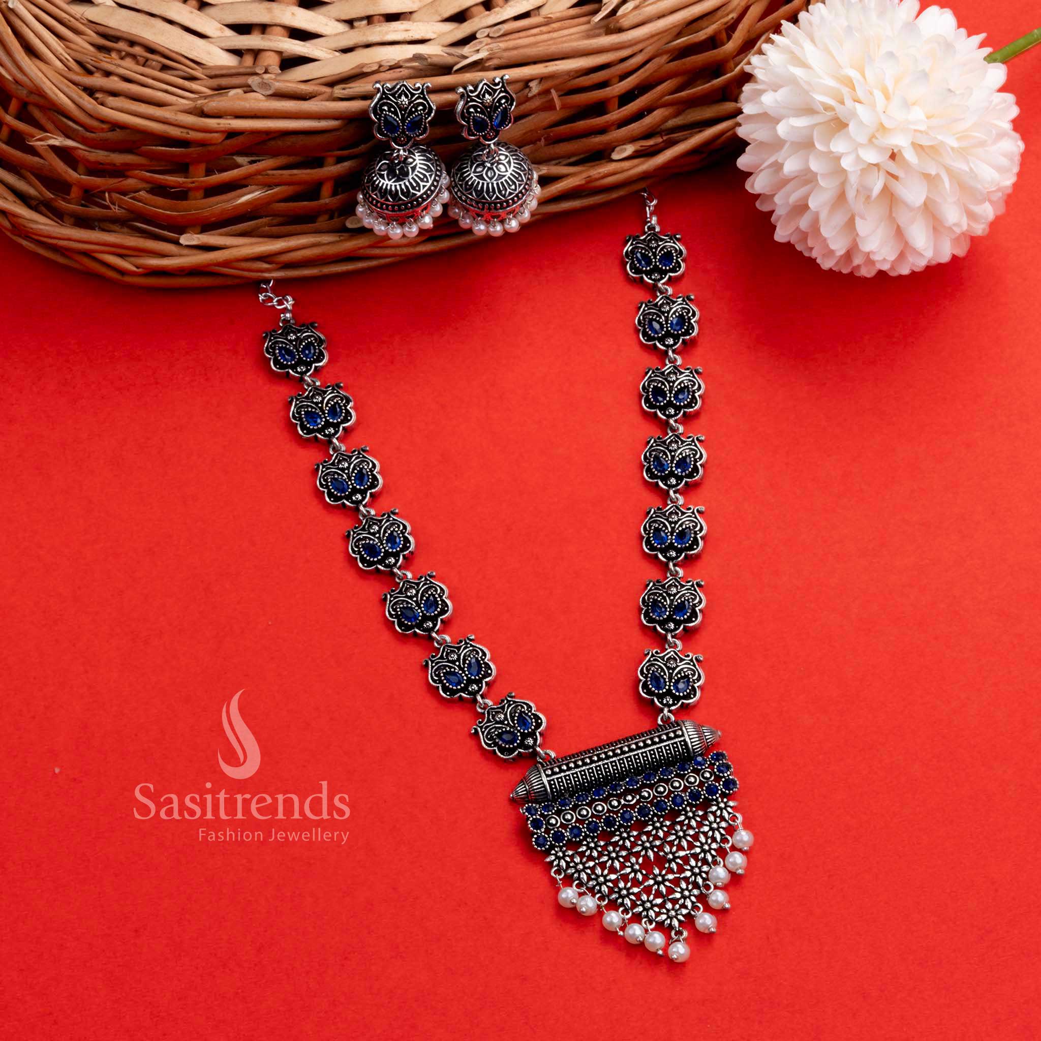 Serene blue oxidised necklace and jhumkas set with elegant grape pendant design, made for standout party wear jewellery styling – Sasitrends