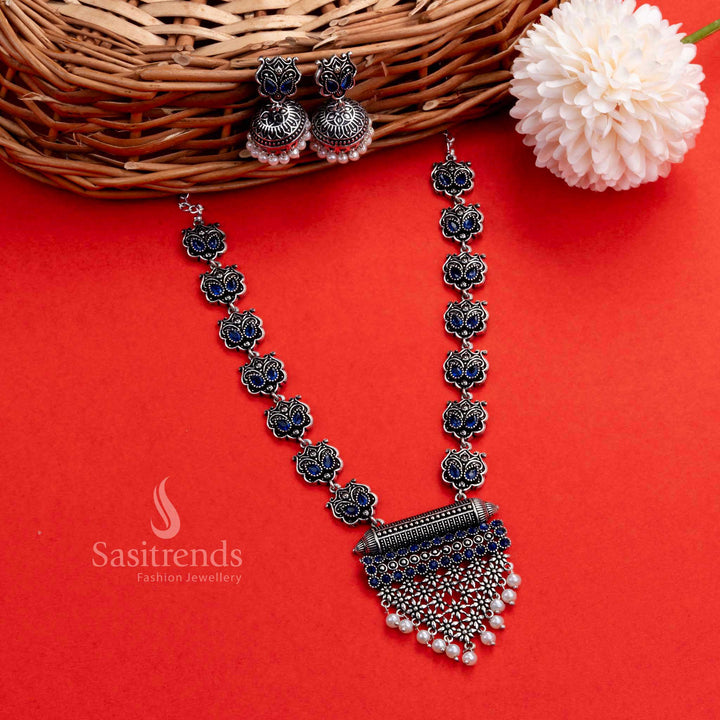 Serene blue oxidised necklace and jhumkas set with elegant grape pendant design, made for standout party wear jewellery styling – Sasitrends
