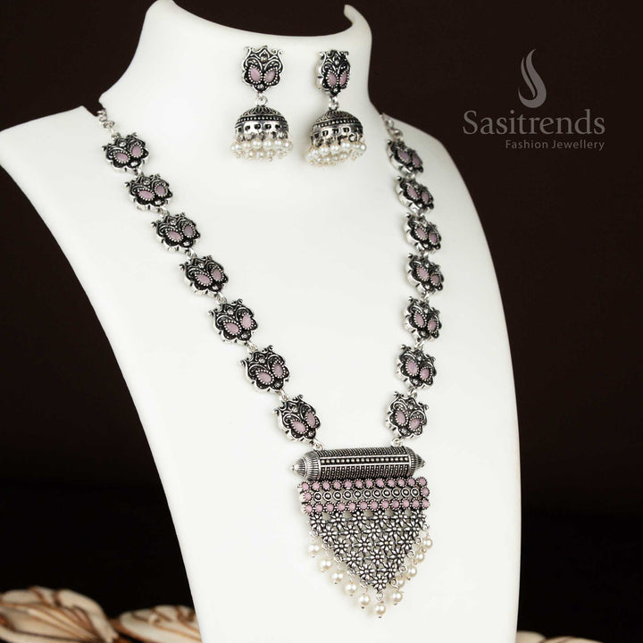 Blush pink oxidised necklace with stone jhumkas and grape design – a vintage fusion party wear jewellery piece with soft glamour and ethnic detailing from sasitrends