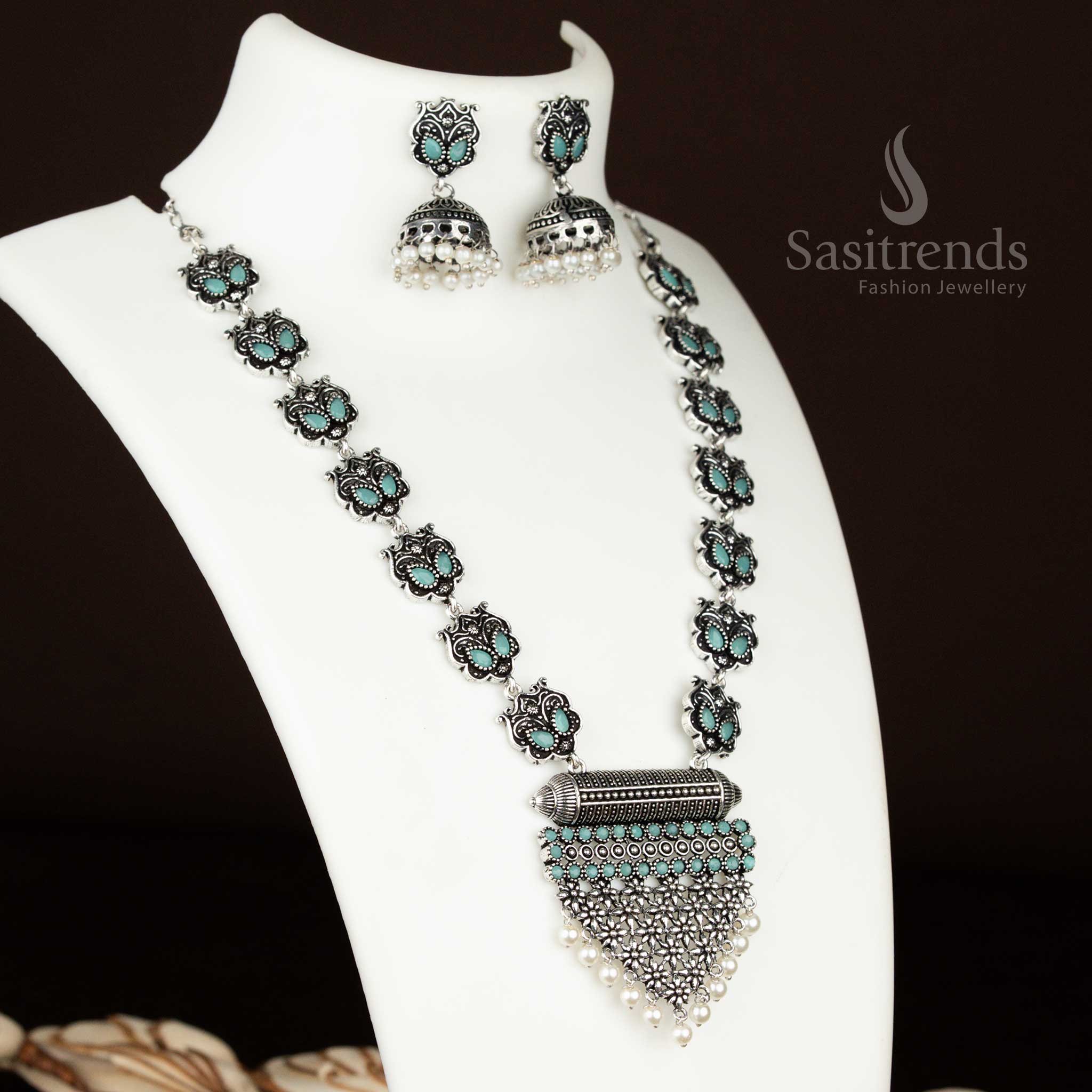 Cool mint stone necklace with oxidised silver finish and grape-themed pendant – trendy and artistic party wear jewellery with unique jhumka earrings from sasitrends