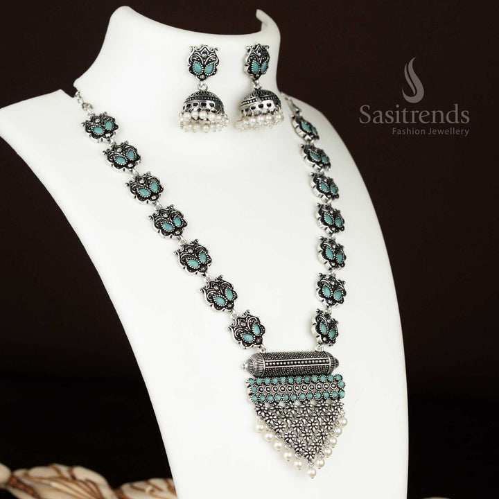 Cool mint stone necklace with oxidised silver finish and grape-themed pendant – trendy and artistic party wear jewellery with unique jhumka earrings from sasitrends