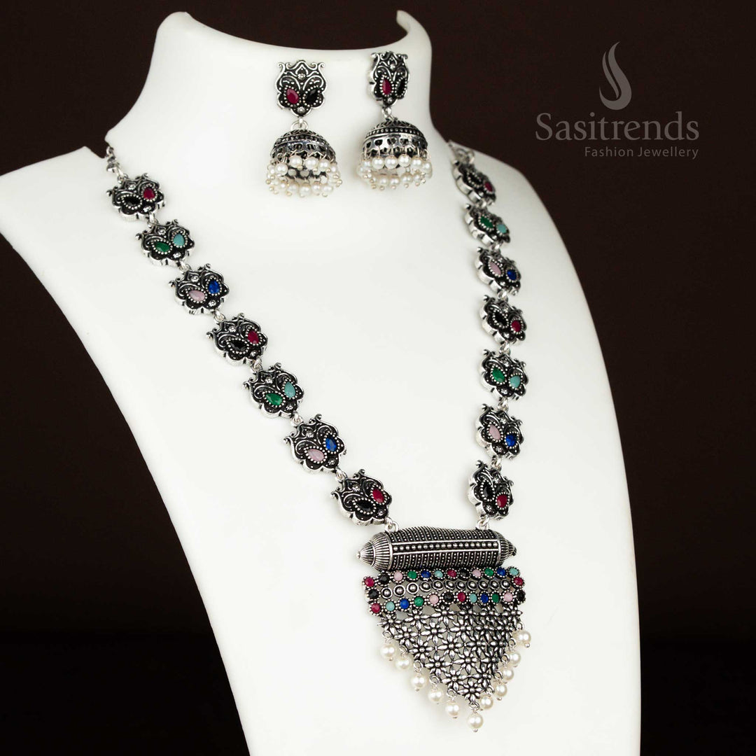Multi-colour oxidised silver necklace set with grape bunch pendant and stone-studded jhumkas – a bold and festive party wear jewellery piece with vibrant ethnic appeal from sasitrends