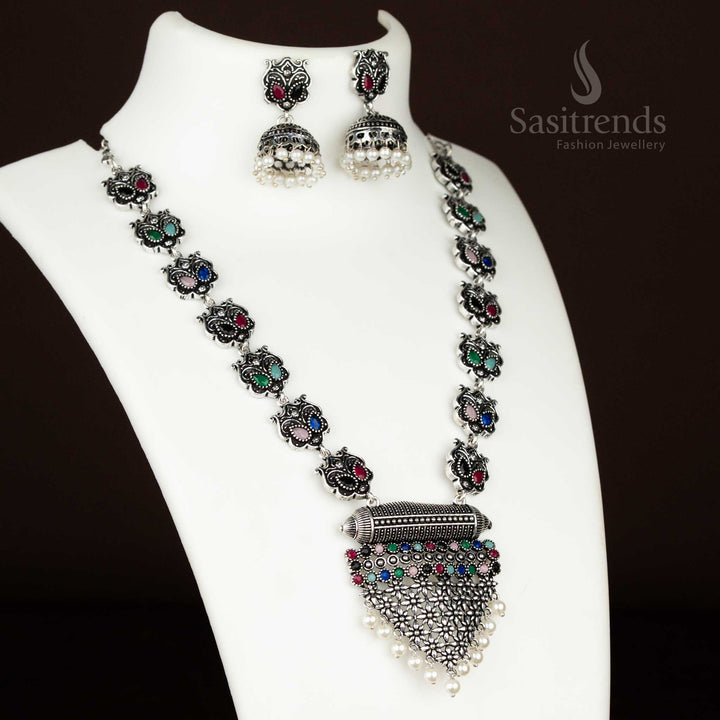 Party Wear Oxidised Silver Necklace Stones Jewellery Set with Grape Bunch Pendant with Jhumkas | Sasitrends
