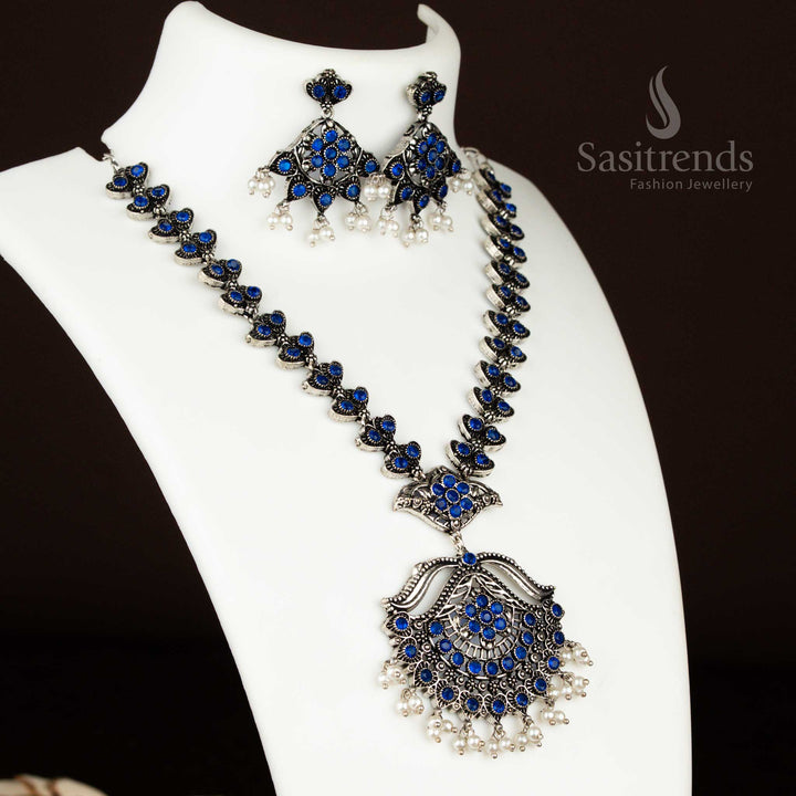 Royal blue oxidised party necklace with flower pendant and pearl dangle earrings – elegant and majestic jewellery for festive occasions by sasitrends