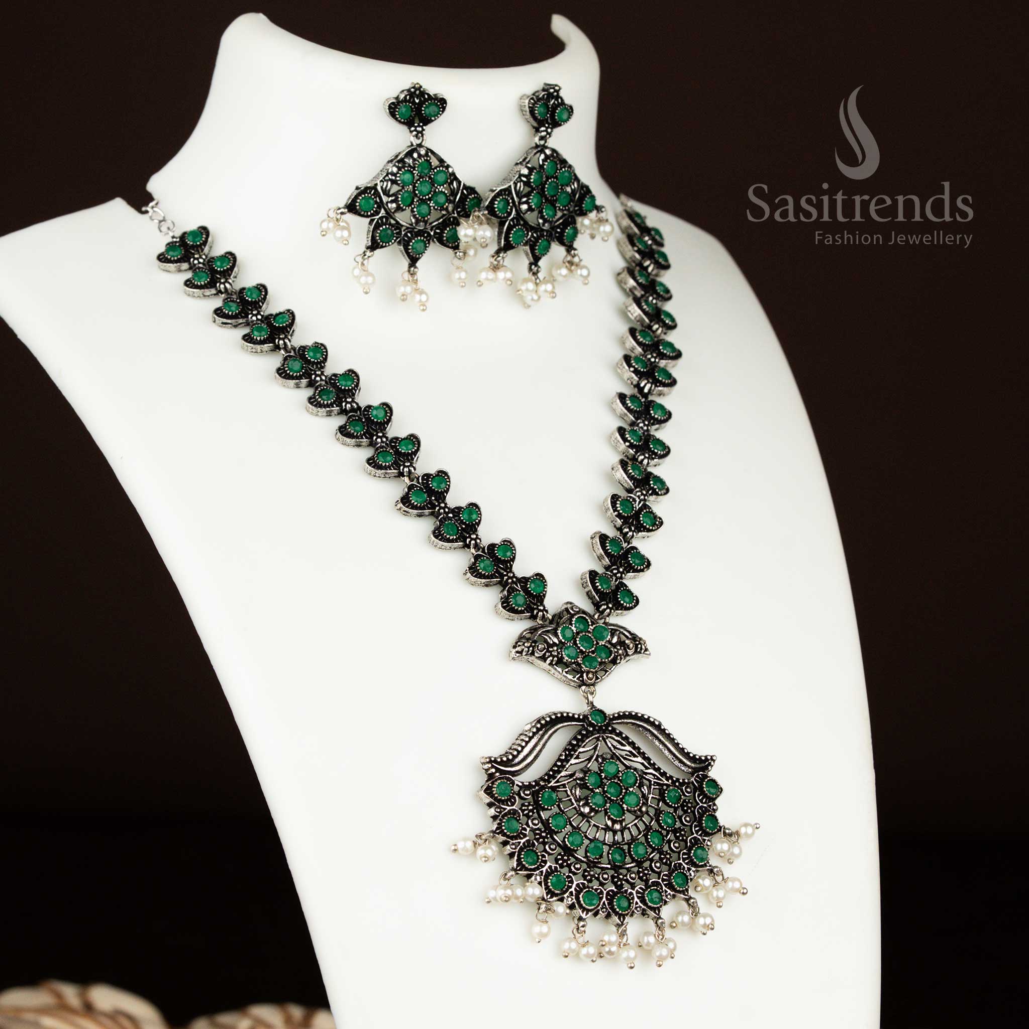Classic green oxidised necklace set with a floral touch and pearl hangings – an ethnic masterpiece for glamorous party styling by sasitrends