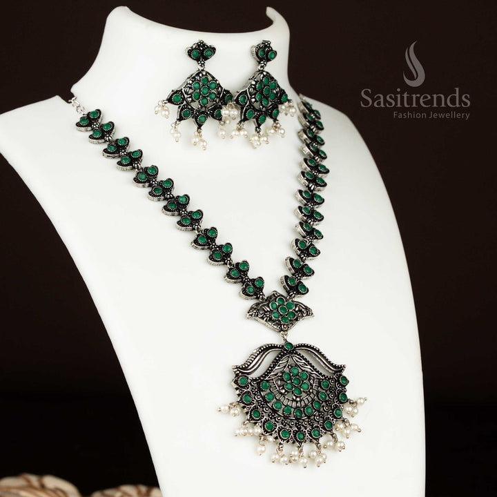 Classic green oxidised necklace set with a floral touch and pearl hangings – an ethnic masterpiece for glamorous party styling by sasitrends