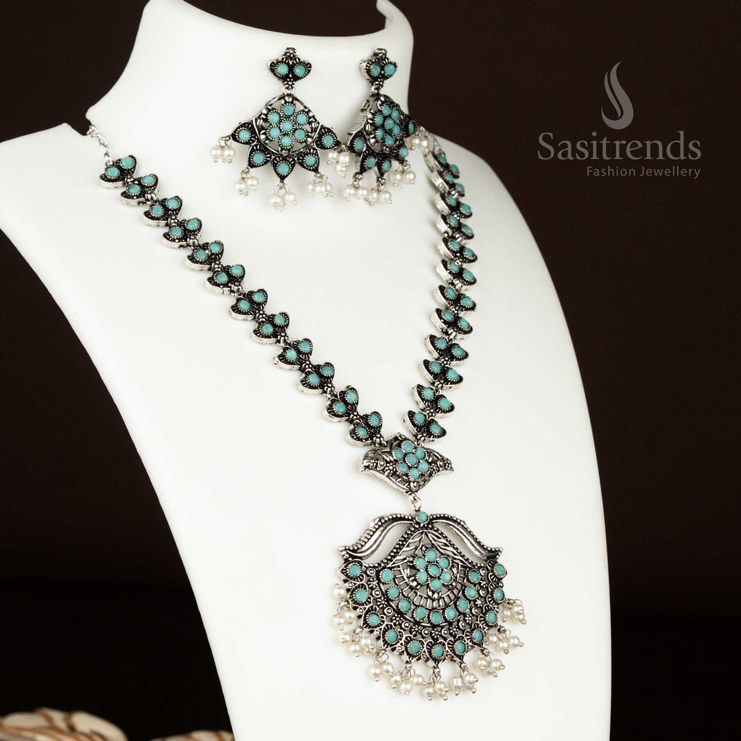 Mint green oxidised floral necklace with pearl hangings and earrings – party wear elegance with a fresh and stylish look from sasitrends jewellery