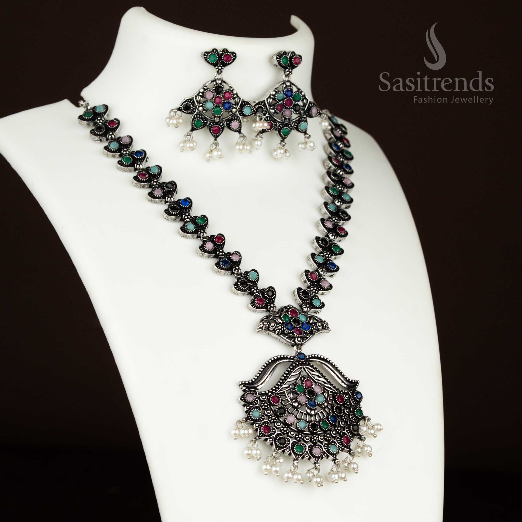 Multi-colour oxidised floral necklace with pearl hanging earrings – a glamorous fusion of tradition and colour for party wear jewellery by sasitrends