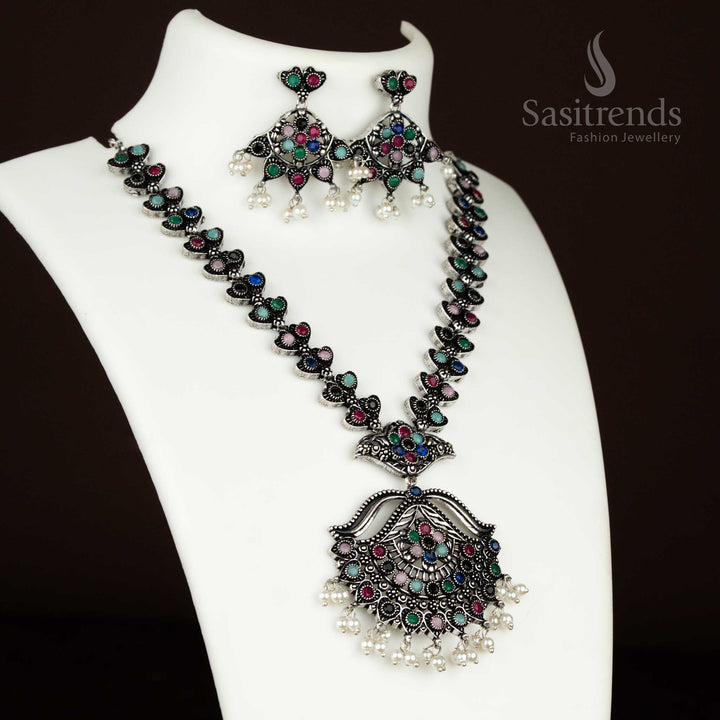 Multi-colour oxidised floral necklace with pearl hanging earrings – a glamorous fusion of tradition and colour for party wear jewellery by sasitrends