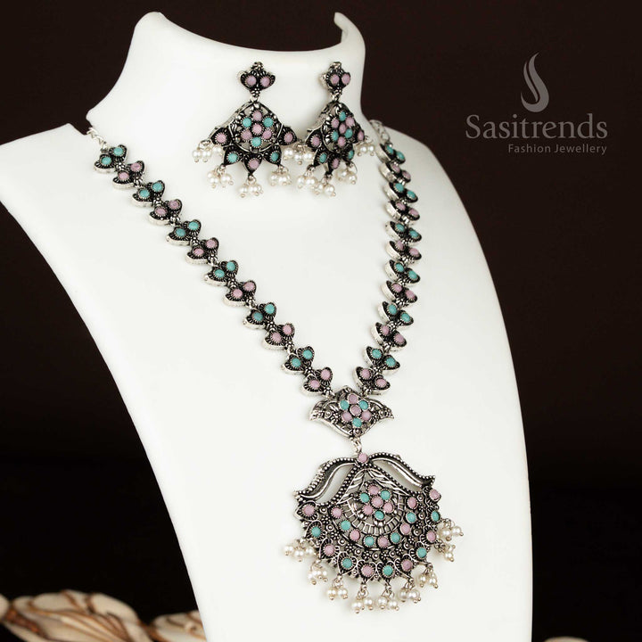 Pastel pink-mint oxidised necklace with floral pendant and pearl drop earrings – soft and delicate party elegance in fusion jewellery by sasitrends