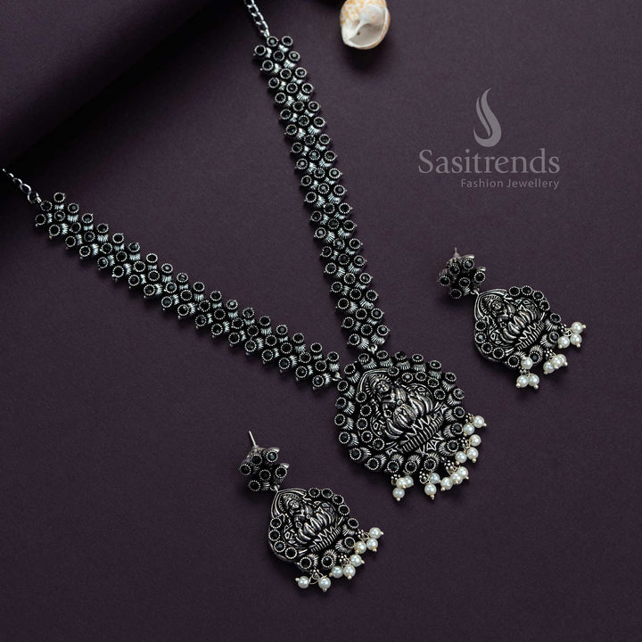 Bold Black Lakshmi Goddess Stone Necklace with Earrings in Oxidised Finish – A Tribal Traditional Jewellery Design for Dramatic Ethnic Looks by Sasitrends