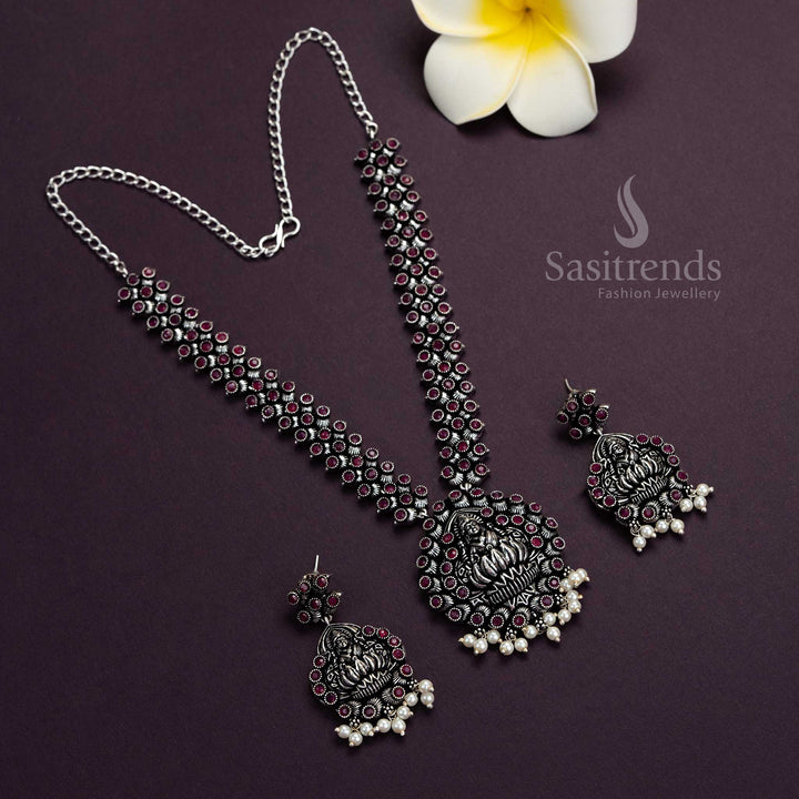 Charming Ruby Goddess Lakshmi Necklace in Oxidised Silver with Earrings – A Classic Traditional Wear Jewellery Ensemble for Ethnic Events by Sasitrends