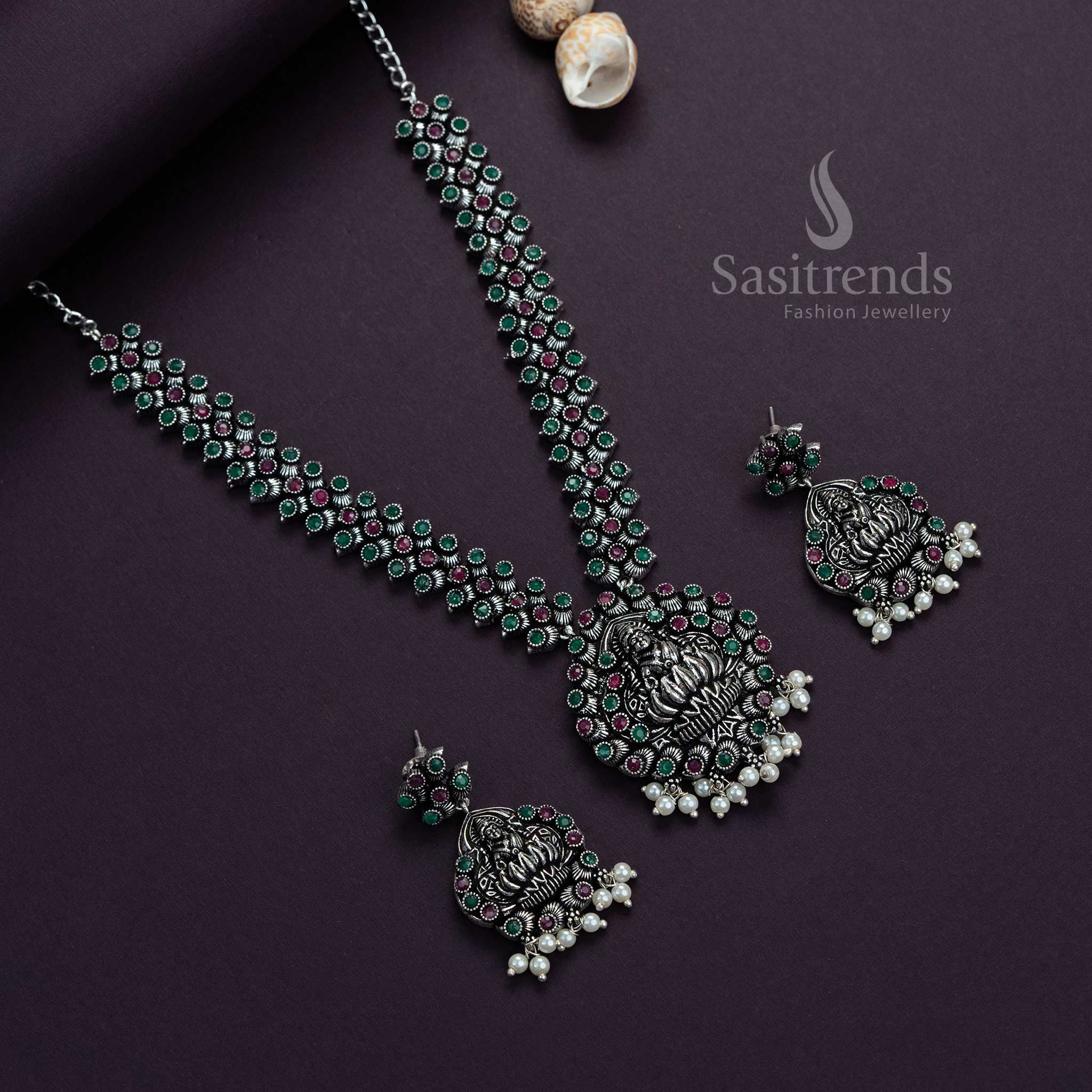 Festive Ruby-Green Lakshmi Goddess Oxidised Silver Stone Necklace and Earrings – Artisanal Traditional Jewellery With a Regal Charm by Sasitrends