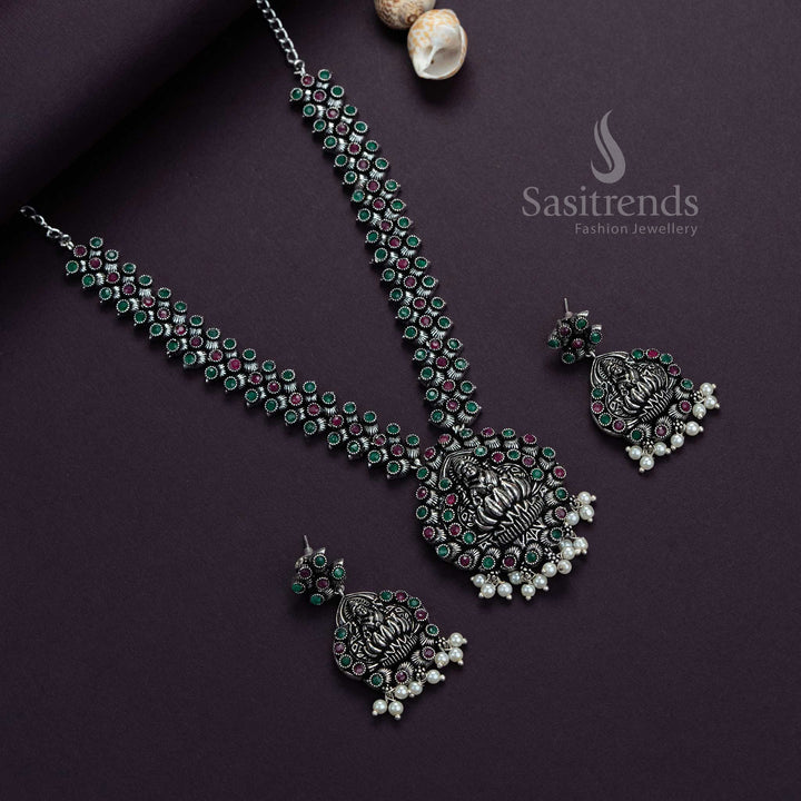 Festive Ruby-Green Lakshmi Goddess Oxidised Silver Stone Necklace and Earrings – Artisanal Traditional Jewellery With a Regal Charm by Sasitrends