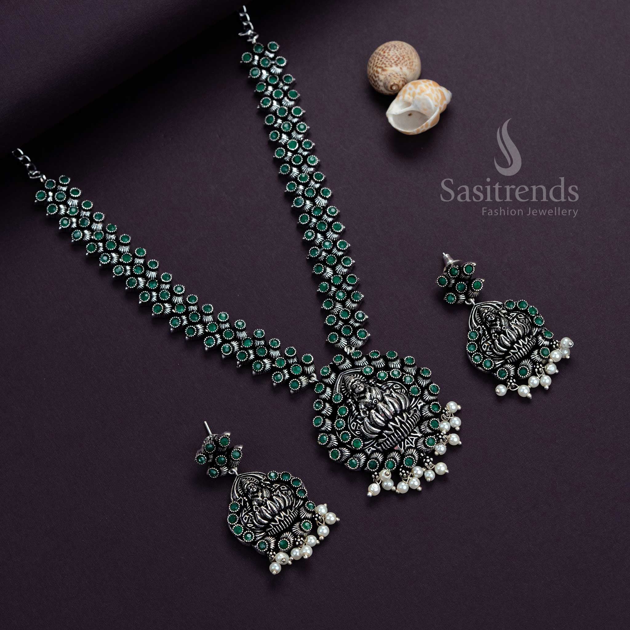 Classic Green Lakshmi Oxidised Jewellery Set with Earrings – Intricate Stone Necklace Designed for Ethnic Celebrations and Temple Occasions by Sasitrends