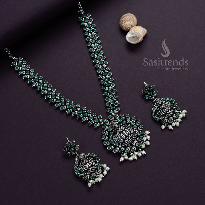 Classic Green Lakshmi Oxidised Jewellery Set with Earrings – Intricate Stone Necklace Designed for Ethnic Celebrations and Temple Occasions by Sasitrends