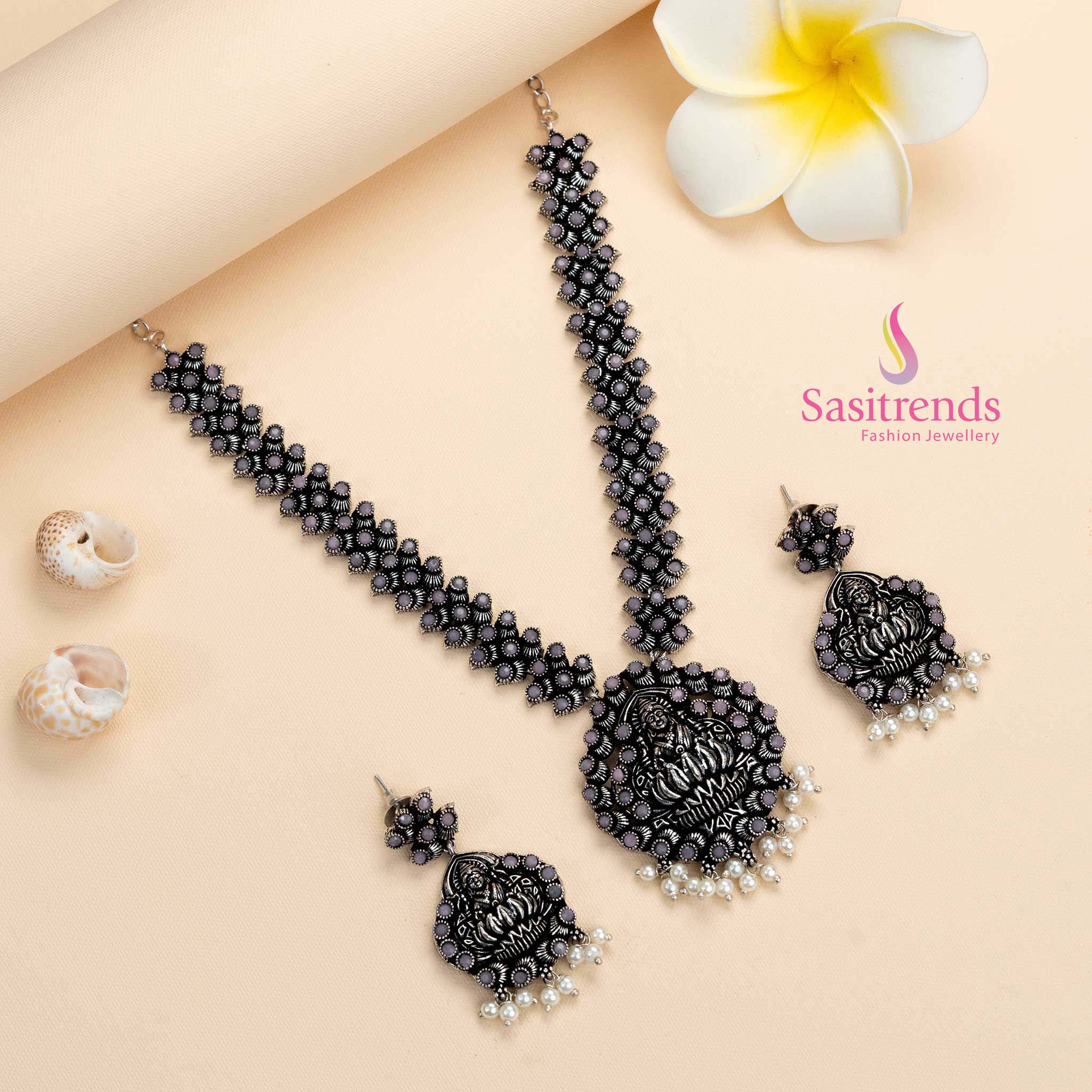 Chic Pink Lakshmi Goddess Necklace in Oxidised Silver with Stone Earrings – A Festive Traditional Jewellery Piece Radiating Subtle Sophistication by Sasitrends

