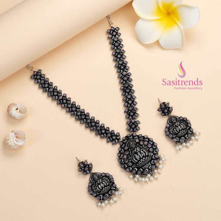 Chic Pink Lakshmi Goddess Necklace in Oxidised Silver with Stone Earrings – A Festive Traditional Jewellery Piece Radiating Subtle Sophistication by Sasitrends

