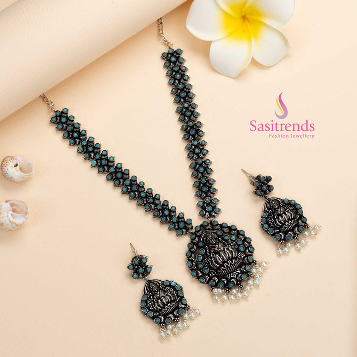 Serene Mint Lakshmi Goddess Oxidised Necklace with Stones and Earrings – A Calm Cultural Jewellery Vibe with Divine Detailing by Sasitrends