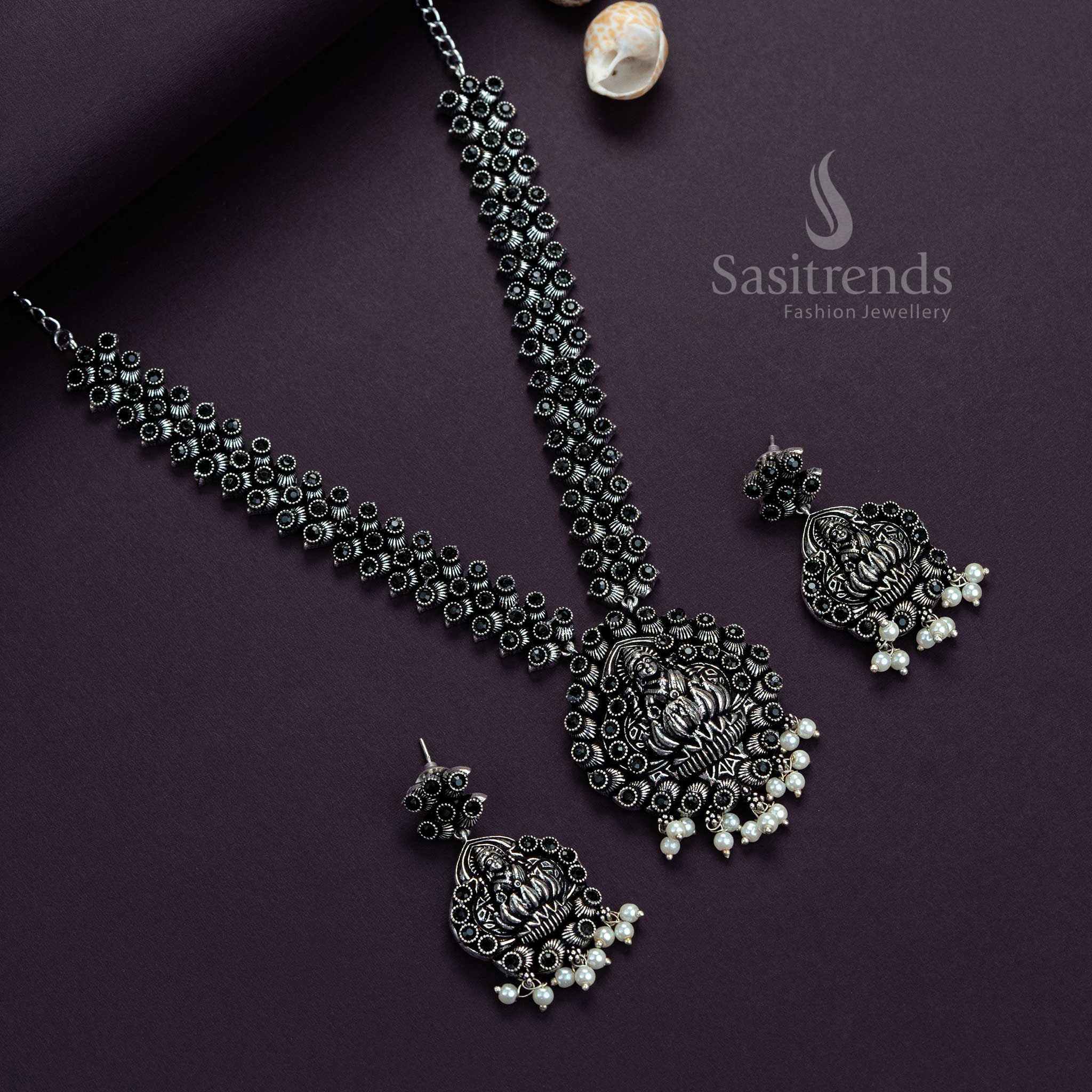 Lakshmi Oxidised Silver Stones Necklace with Earrings - Traditional Party Jewellery Set | Sasitrends - Sasitrends