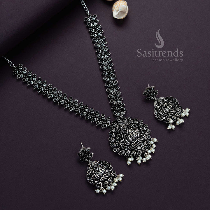 Lakshmi Oxidised Silver Stones Necklace with Earrings - Traditional Party Jewellery Set | Sasitrends - Sasitrends