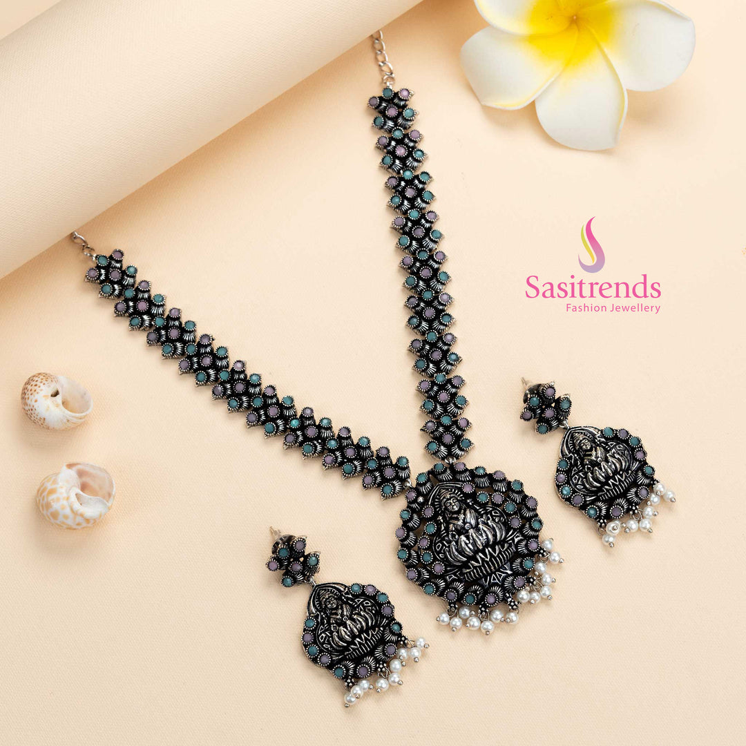 Elegant Pink-Mint Oxidised Lakshmi Necklace with Earrings – Fusion Floral Traditional Jewellery Look Perfect for Day Functions and Cultural Festivities by Sasitrends