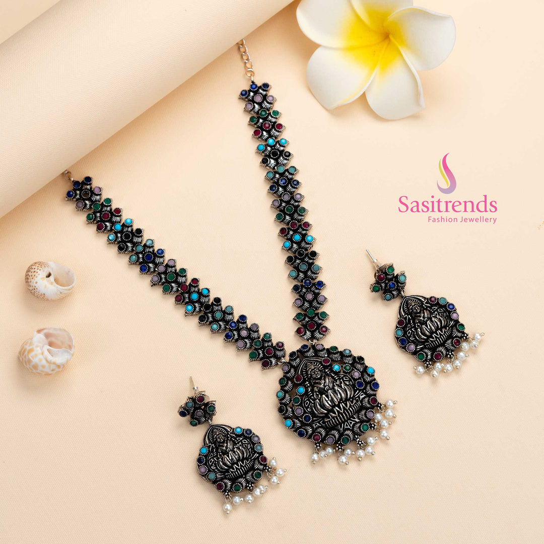 Lakshmi Oxidised Silver Stones Necklace with Earrings Traditional Party  Necklace Jewellery Set Sasitrends
