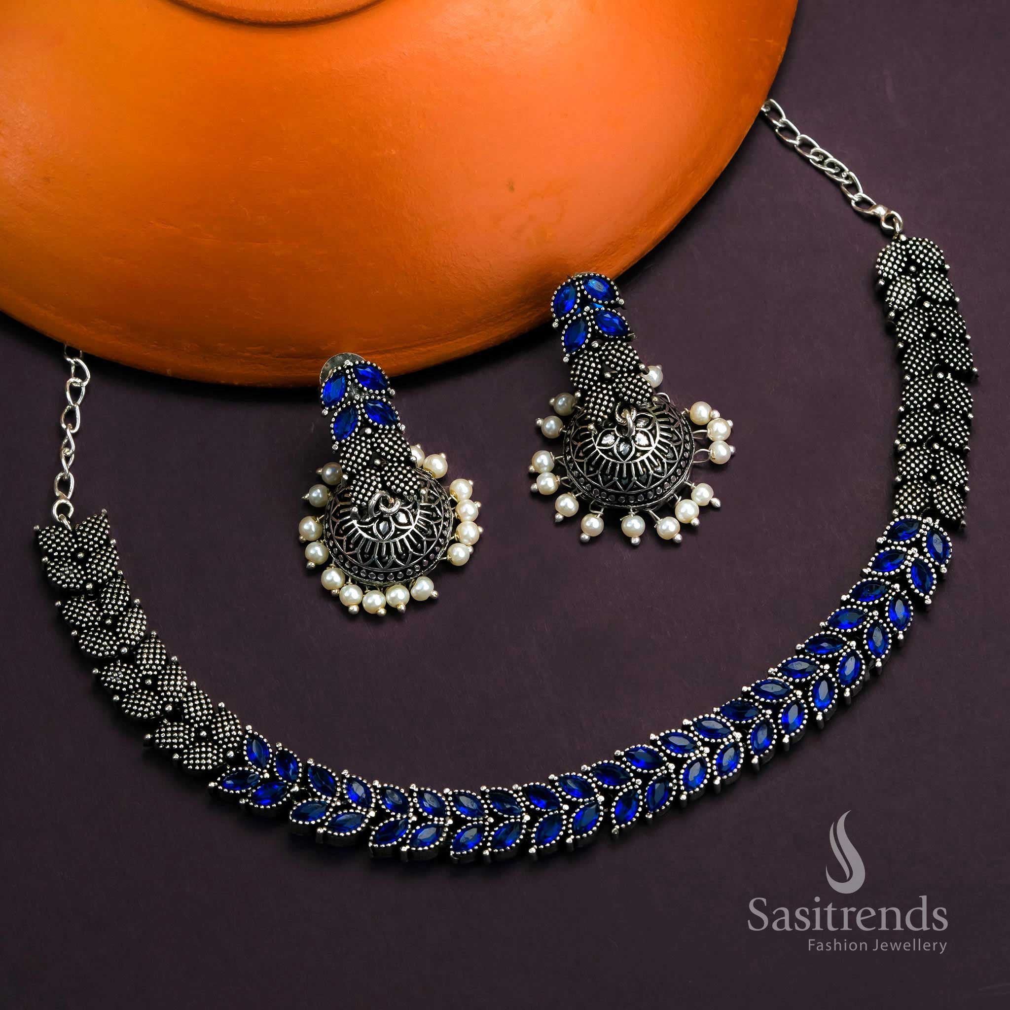 Deep Blue Oxidised Leaf Stone Jewellery With Royal Tone And Pearl Topped Jhumkas - Sasitrends