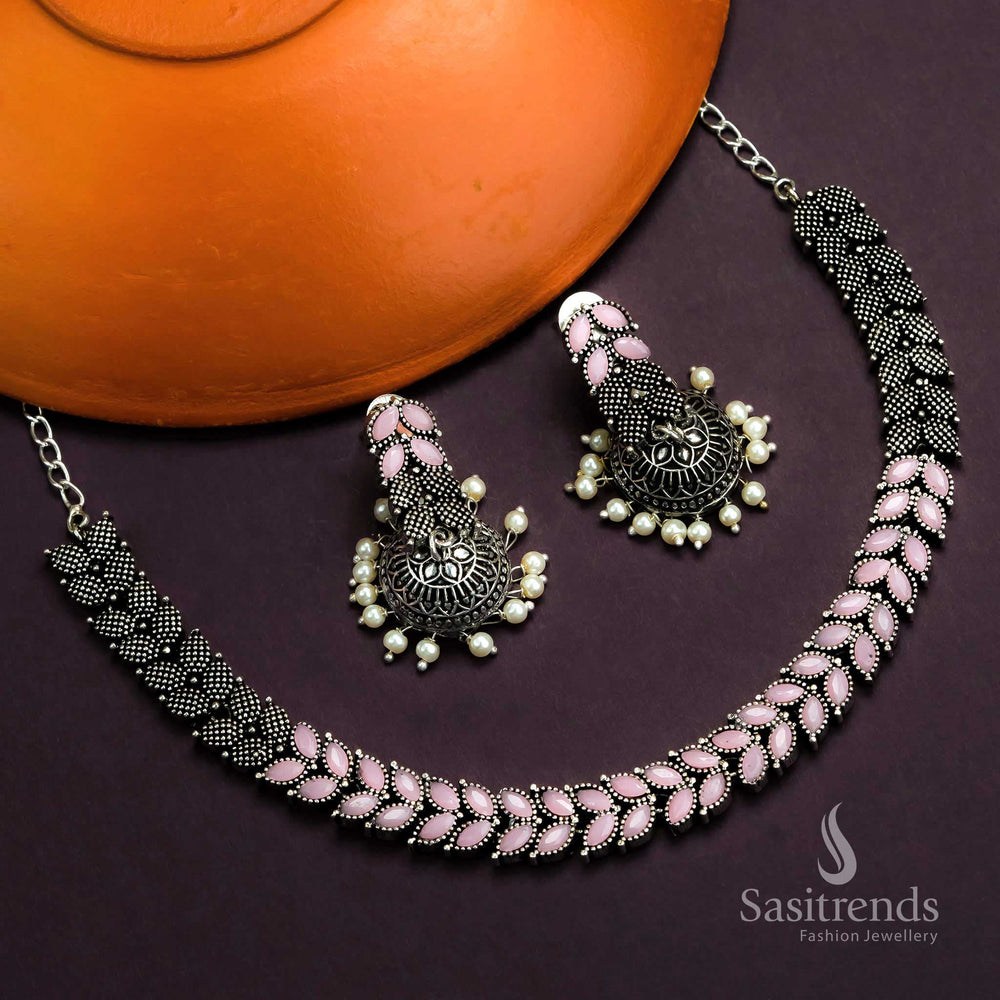 Chic Pink Oxidised Leaf Designer Stone Set With Ethereal Jhumkas And Feminine Flair Jewellery - Sasitrends

