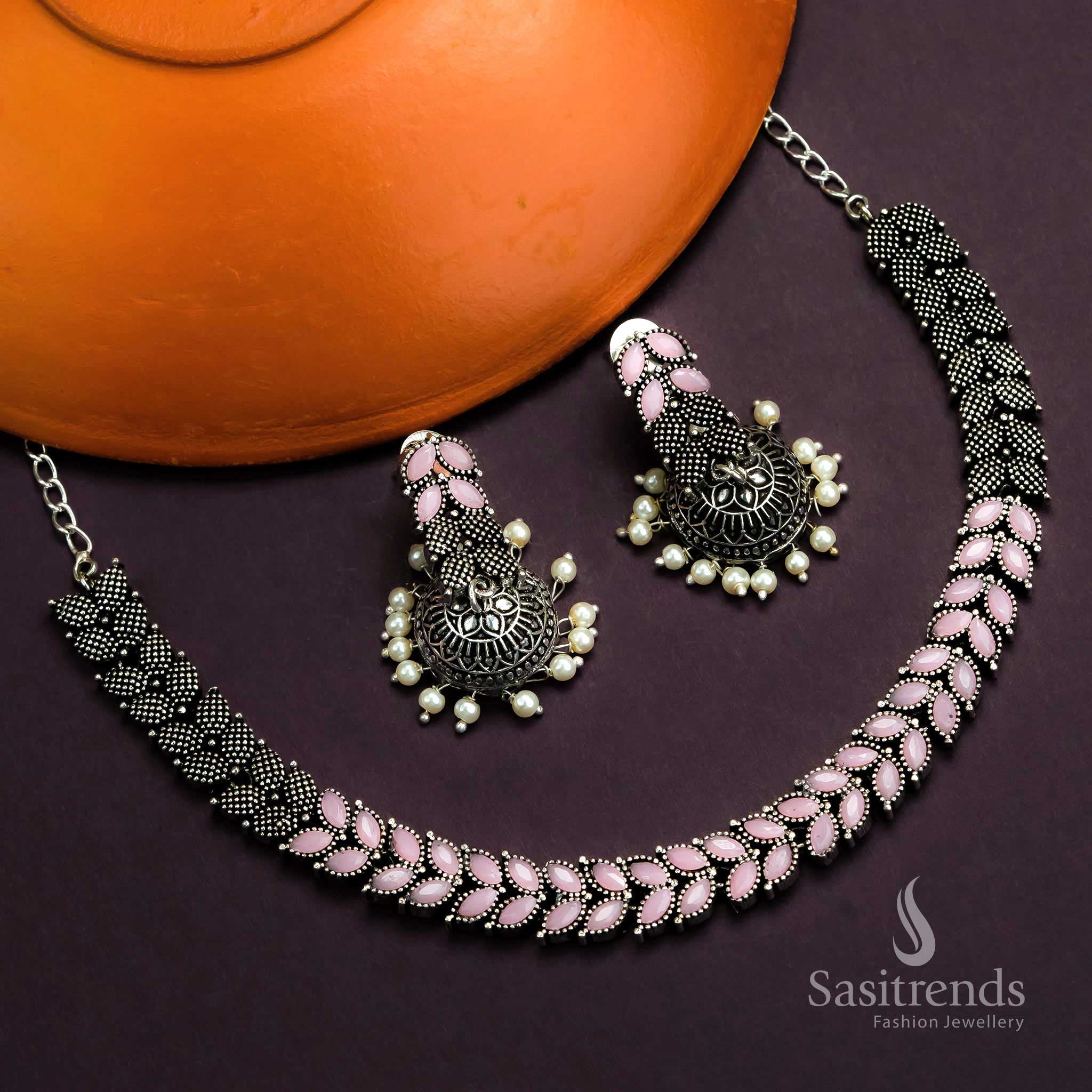 Chic Pink Oxidised Leaf Designer Stone Set With Ethereal Jhumkas And Feminine Flair Jewellery - Sasitrends


