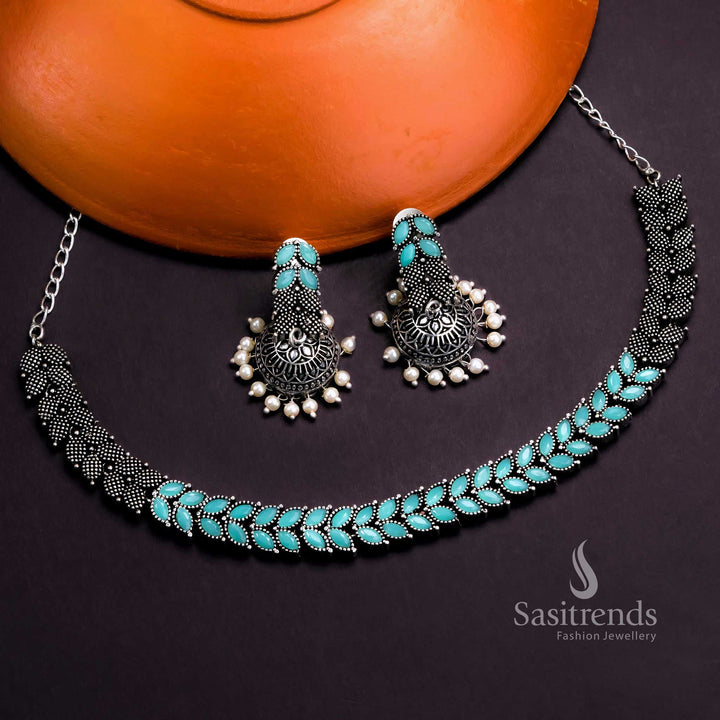 Cool Mint Oxidised Floral Vine Stone Leaf Jewellery With Dangling Pearl Jhumkas - Sasitrends