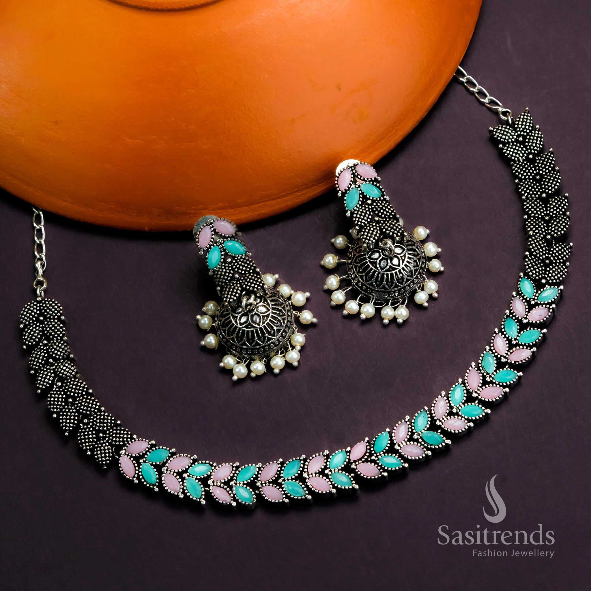 Two Tone Pink Mint Oxidised Leaf Stone Jewellery Set With Artistic Jhumka Pearl Combo - Sasitrends